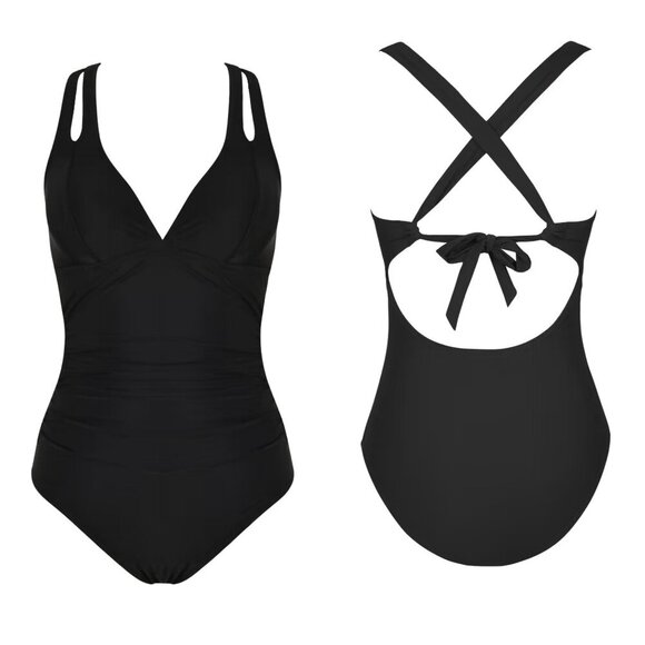 CupShe Black Plunge Paneling Cross Tie Back One Piece Swimsuit - Size XL - NWT - Picture 2 of 9